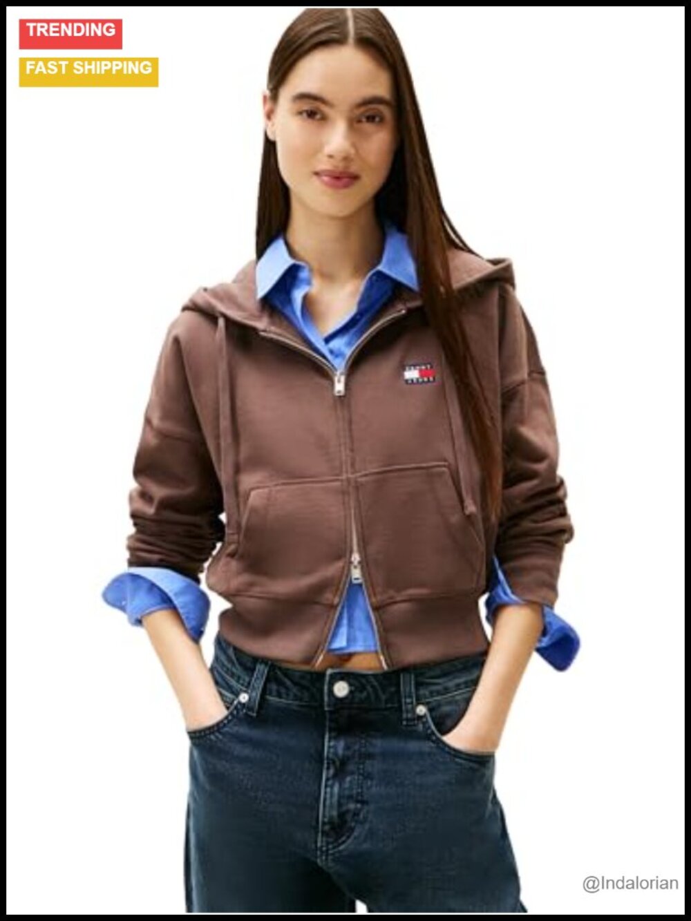 Cropped Zip Up Hoodie Embroidered Flag Logo Boxy Cotton